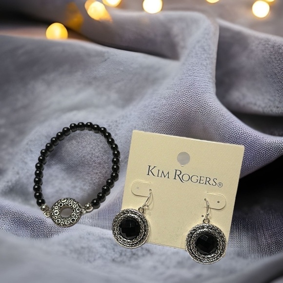 NWT 2 Pc Bundle New Kim Roger Earrings w/ Bracelet Silver Tone and Black - Picture 1 of 5